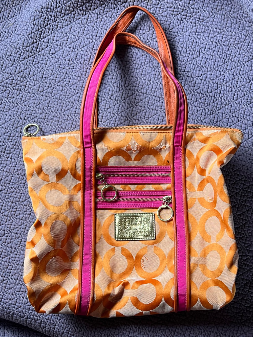 Coach Poppy OP Art Glam Tote Bag in Persimmon Orange & Pink